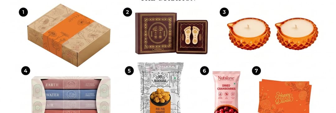 Everything inside Auspicious Diwali Box, laid out