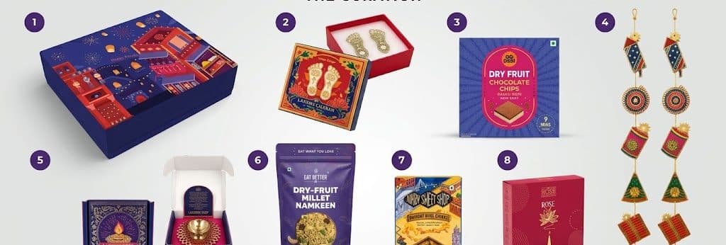 Everything inside Night Bazaar Diwali Box, laid out