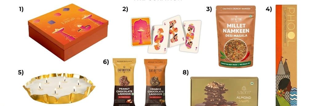 Everything inside Warm Wishes Diwali Box, laid out