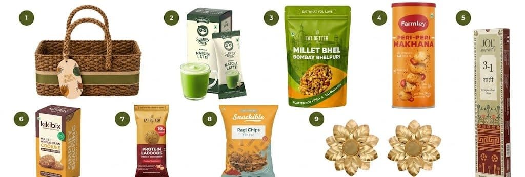 Everything inside Superfoods Diwali Hamper, laid out