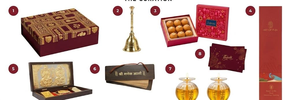 Everything inside The Shubh Aarti Box, laid out